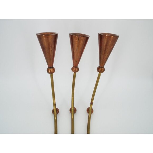 Pair of Vintage MCM 3-Arm Brass and Copper Modernist Candelabras - Picture 13 of 16
